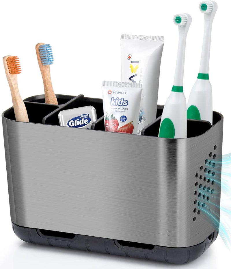 Boperzi Toothbrush and Toothpaste Holder Brushed Nickel Drainage for Bathroom Vanity, Large Electric Toothbrush Storage Caddy Anti-Slip Rustic with Adjustable Dividers for Family, Kids - Image 1